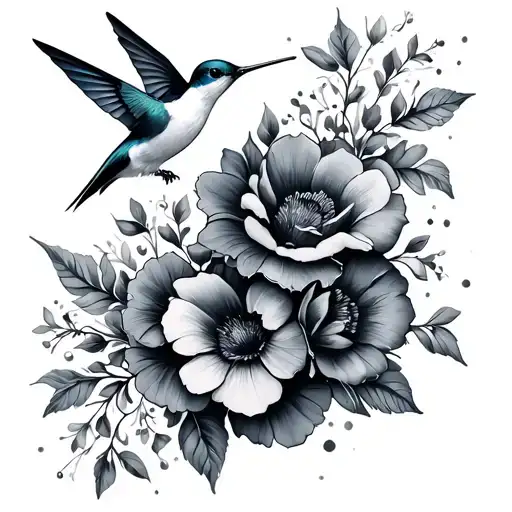 wrap around flowers w hummingbird tattoo design idea