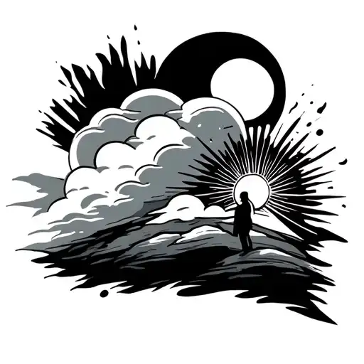 finish podium rain cloud in 4th, cresnt moon in 3rd, sun in 2nd, person with rays shining off in 1st. tattoo design idea