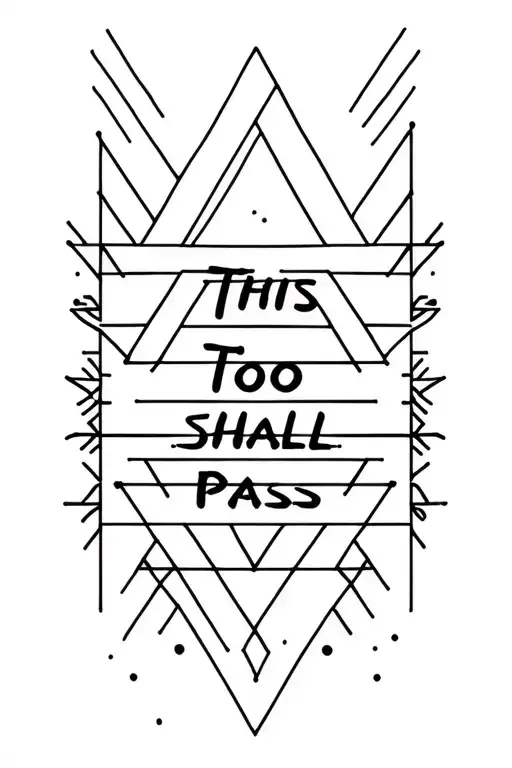 Geometric jagua tattoo with triangles, lines, and ‘This too shall pass’ hidden in bold minimal script, upper arm  tattoo design idea