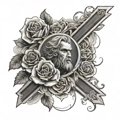 christian with cross and roses and clouds surrounding tattoo design idea