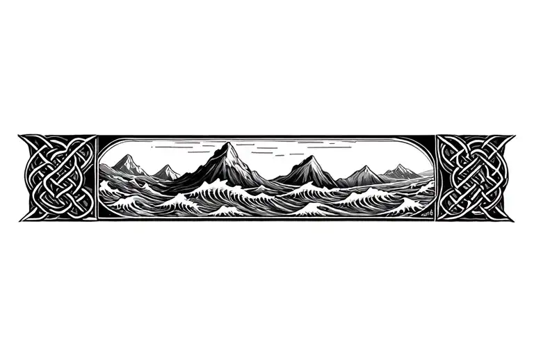 Celtic knot frame, mountains, crashing waves tattoo design idea