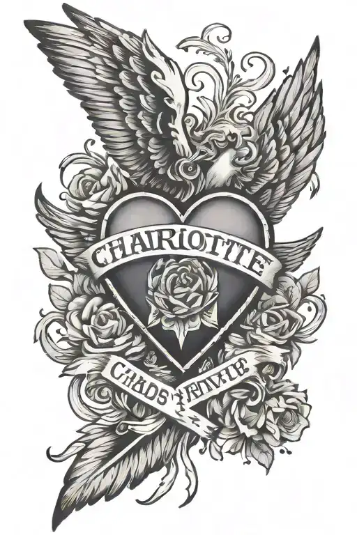 heart that says charlotte Irene pinson on the inside. with angel wings on the sides. a halo above it all tattoo design idea