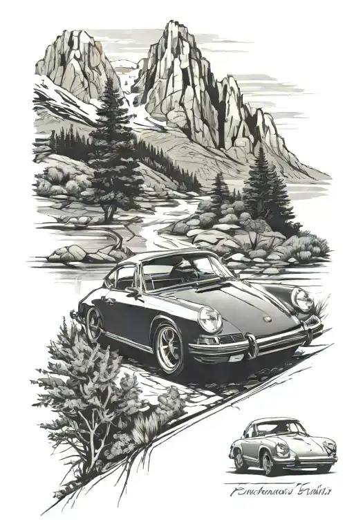 Realism style with trees and mountain peaks in background with 1970 Porsche 911 on winding road next to river tattoo design idea