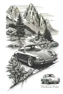 Realism style with trees and mountain peaks in background with 1970 Porsche 911 on winding road next to river tattoo design idea