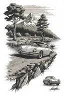 Realism style with trees and mountain peaks in background with 1970 Porsche 911 on winding road next to river tattoo design idea