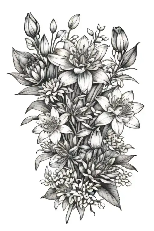 Fineline small flower bunch with snowdrops, 1 water lily and asters. Black and white tattoo design idea