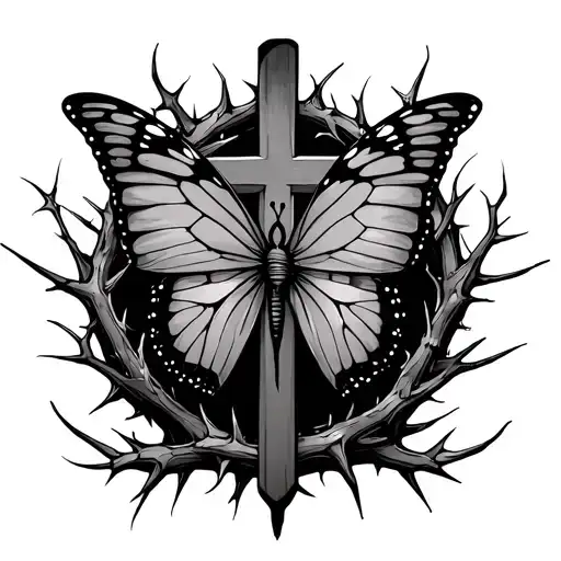 cross surrounded with thorns and a big butterfly on top with some little one around it tattoo design idea