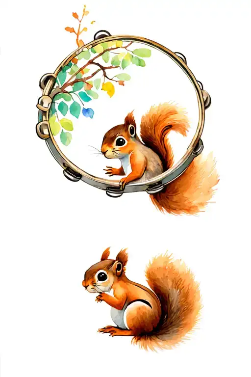 Tambourine with a squirrel playing together tattoo design idea