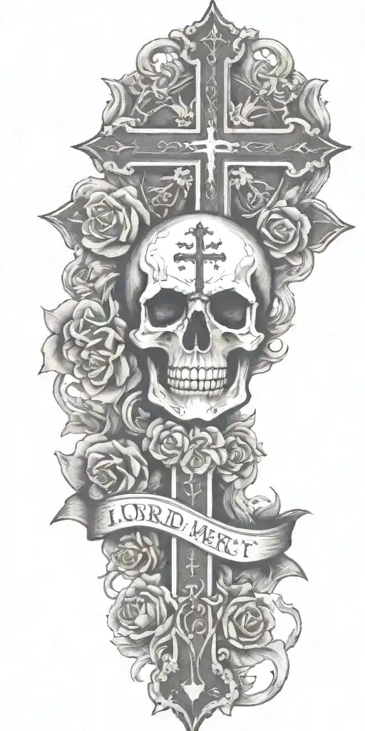 The words "Lord have mercy on me a sinner" with orthodox cross and skull  tattoo design idea