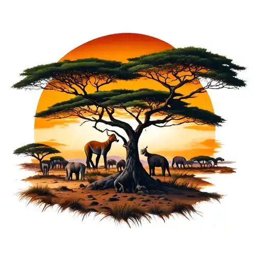 Namibia desert trees and safari animals peeking tattoo design idea