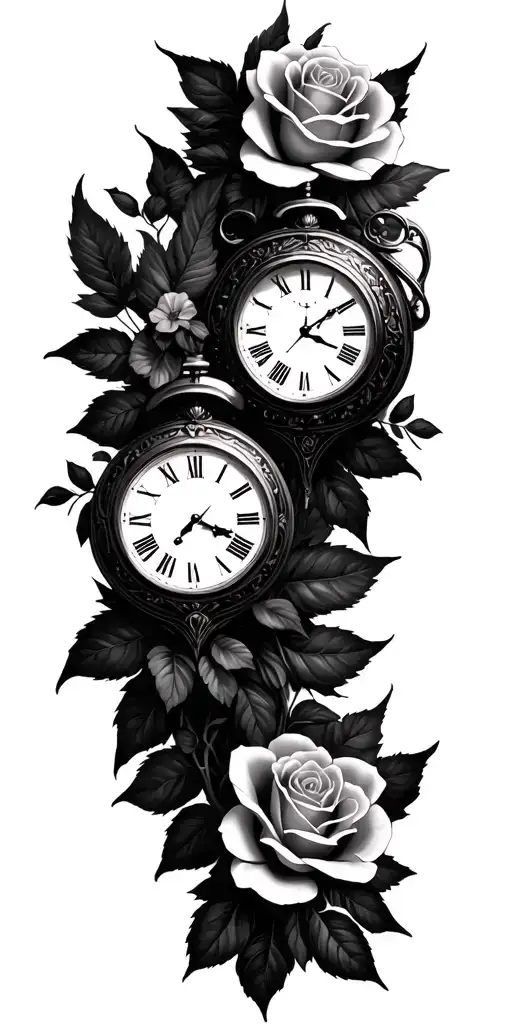 trauma, clocks, roses and thowns, bird shadow leaves you tattoo design idea
