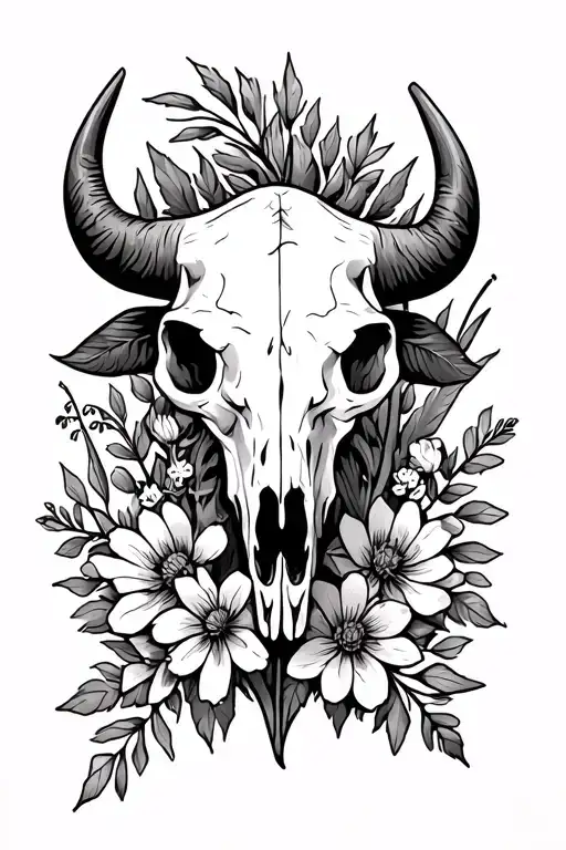 buffalo skull surrounded by Indian paintbrush, lupine and Arrow leaf balsam root flowers with small traditional areows   tattoo design idea