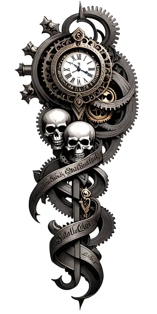 An intricate clockwork design intertwined with military insignia and skulls tattoo design idea