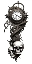 An intricate clockwork design intertwined with military insignia and skulls tattoo design idea