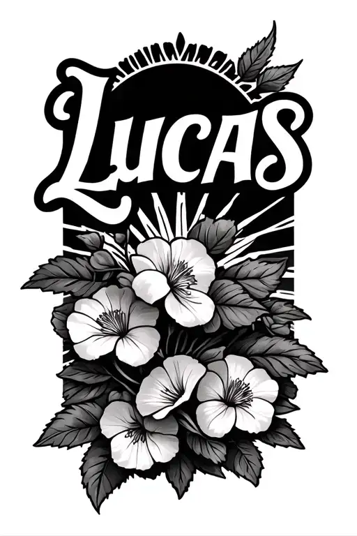 a  masculine tattoo design featuring the name "Lucas" in elegant script letters, with sun rays and sweet peas tattoo design idea