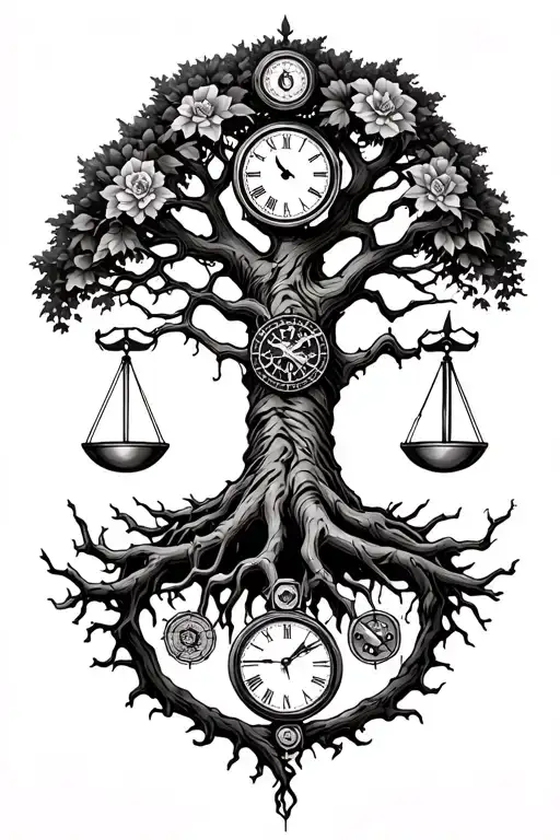 gothic tree of life with midevil roots intertwined with v-twin motor, libra scales and a clock tattoo design idea
