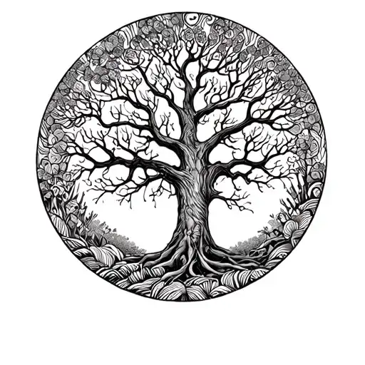Circular tree coverup tattoo design idea