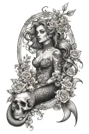 Create a large mermaid inspired by Iemanjá with a mirror in her hand, some skulls and delicate roses tattoo design idea