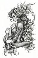 Create a large mermaid inspired by Iemanjá with a mirror in her hand, some skulls and delicate roses tattoo design idea