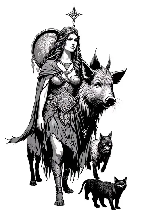  Norse Goddess Freya wearing a necklace and cloak, chariot pulled by 2 cats. Show a wild boar. Make her look Gypsy tattoo design idea