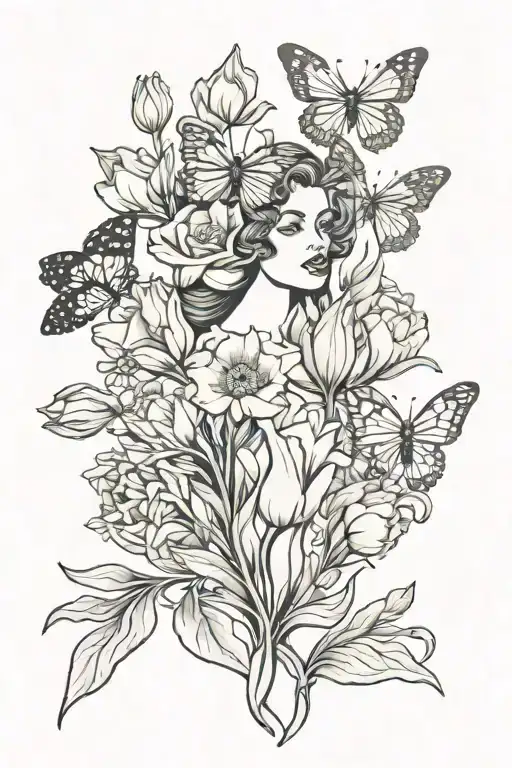 woman flowers and butterflies among tulips tattoo design idea