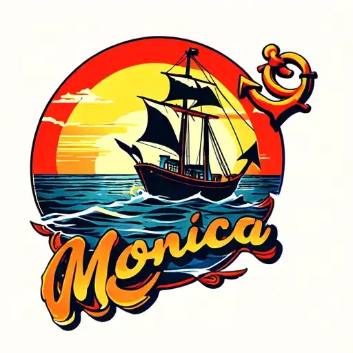 "Monica" Anchor sailboat sailing towards sunset tattoo design idea