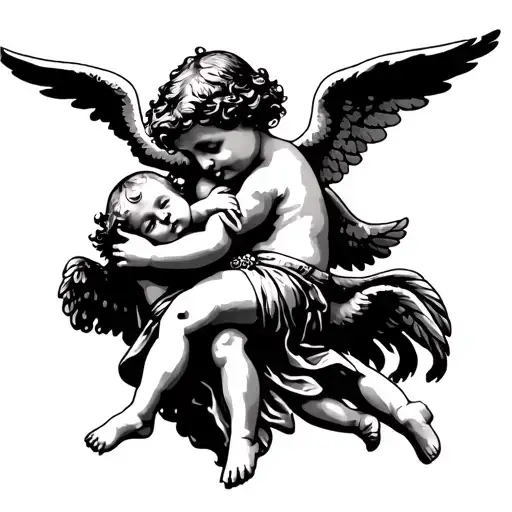 2 cherubin carrying baby angel tattoo design idea