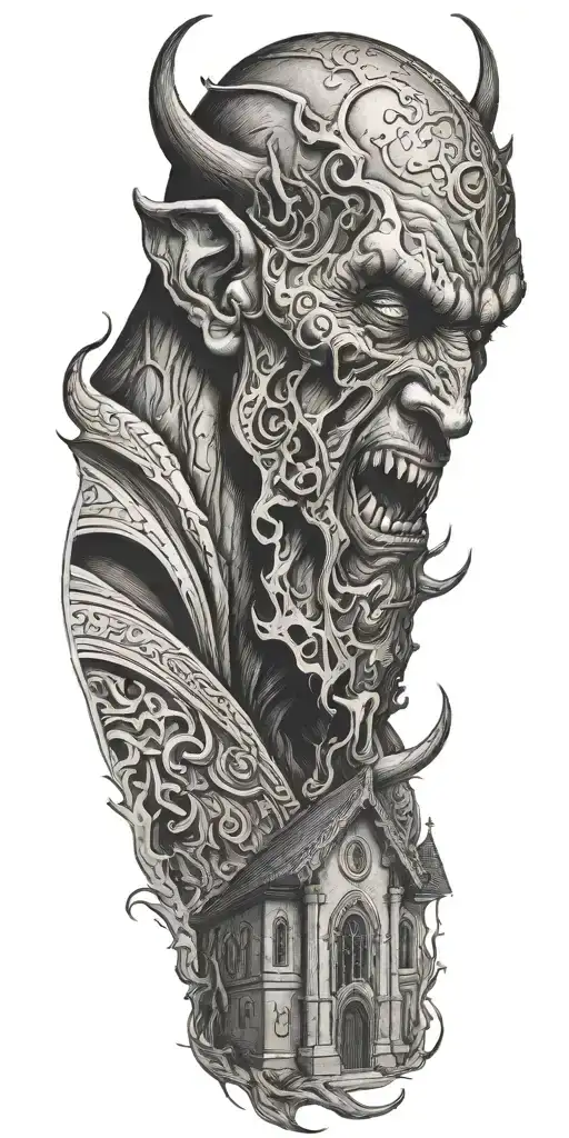 demon crying in front of a church  tattoo design idea