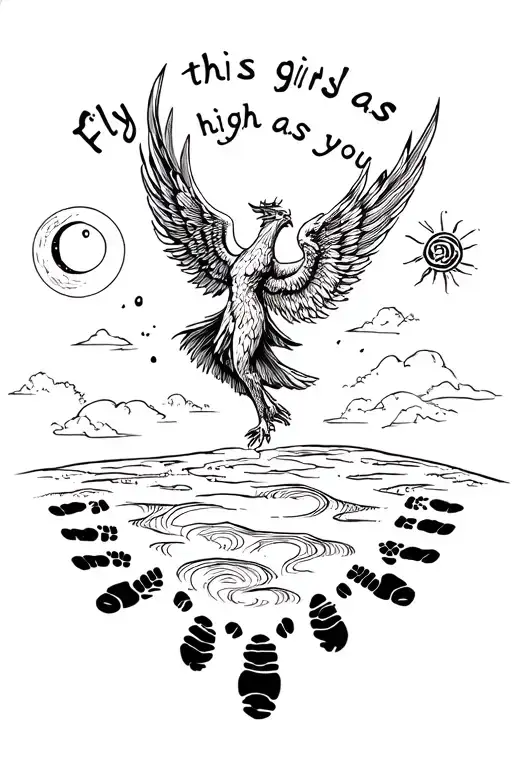 "Fly this girl as high as you c" rising phoenix with footprints and sun and moon  tattoo design idea