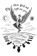 "Fly this girl as high as you c" rising phoenix with footprints and sun and moon  tattoo design idea
