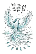 "Fly this girl as high as you c" rising phoenix with footprints and sun and moon  tattoo design idea