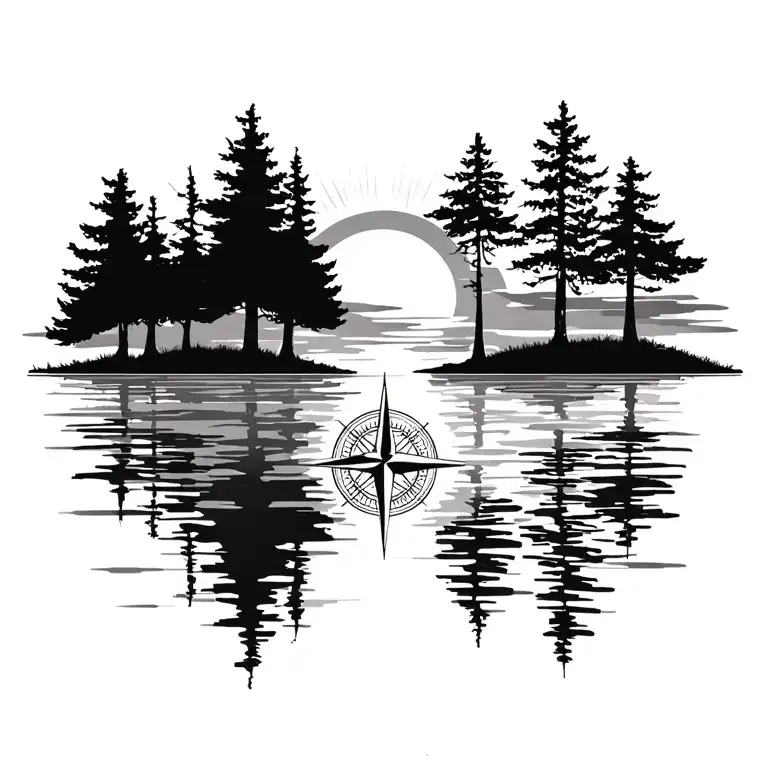 silhouette treeline with sunburst in the middle, a compass as reflection of the sun beneath horizon tattoo design idea