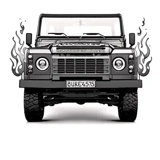 1993 land rover defender headlight and grille (only the headlights and grille) surrounded by non explosive flames tattoo design idea