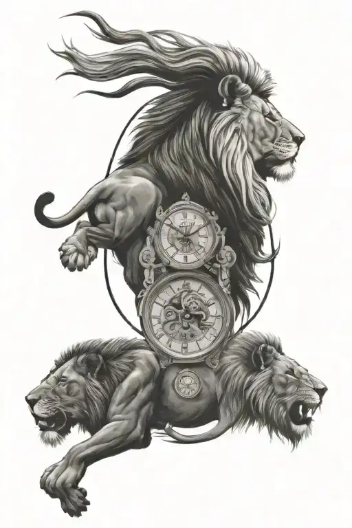 lion, 3 clocks side by side tattoo design idea