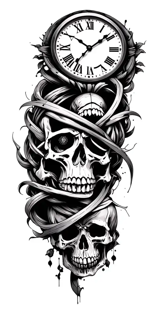 An intricate skulls design intertwined with clock. tattoo design idea
