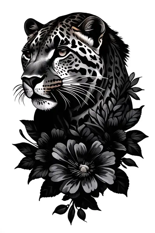 leopard head with flowers tattoo design idea