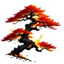 Japanese red maple tree merging into burning flames on top tattoo design idea