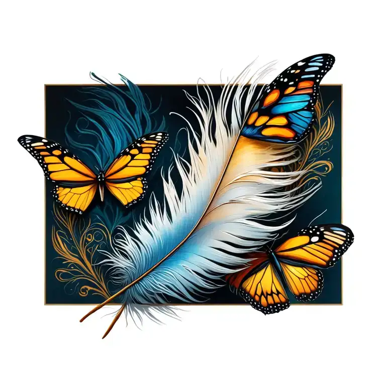 feather with butterflys souronding a warriors tattoo design idea