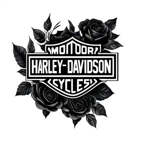 a black realistic shaded Harley Davidson logo with soft black shaded roses around it tattoo design idea