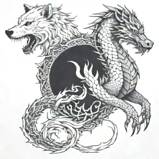 white wolf and black dragon wrapped tattoo design idea