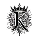 cursive letter 'K' with a crown and phrase "一蓮托生" tattoo design idea