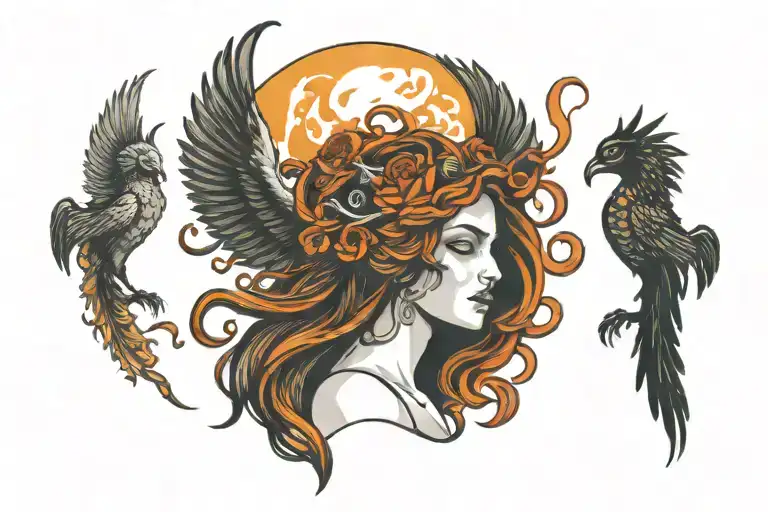 Medusa Persephone and a phoenix rising from the ashes tattoo design idea