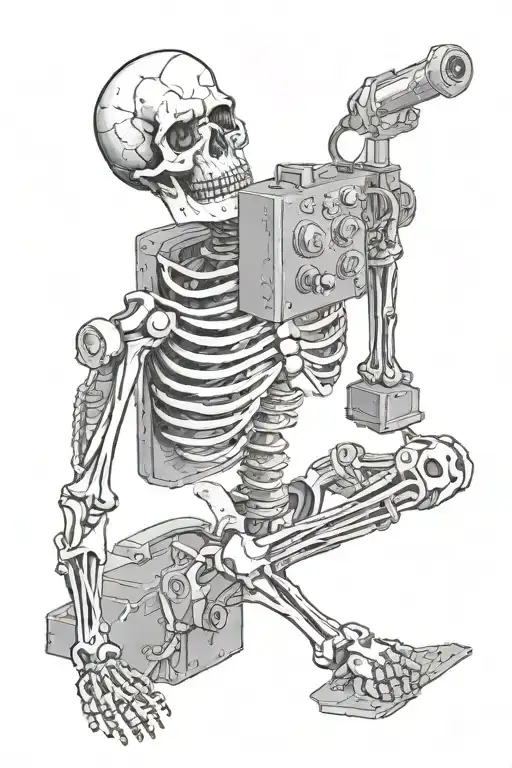 a skeleton is working with a welding machine, a brick falls on his head tattoo design idea