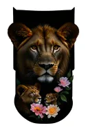 lioness head, 2 lion cubs, flowers surrounding tattoo design idea