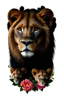 lioness head, 2 lion cubs, flowers surrounding tattoo design idea
