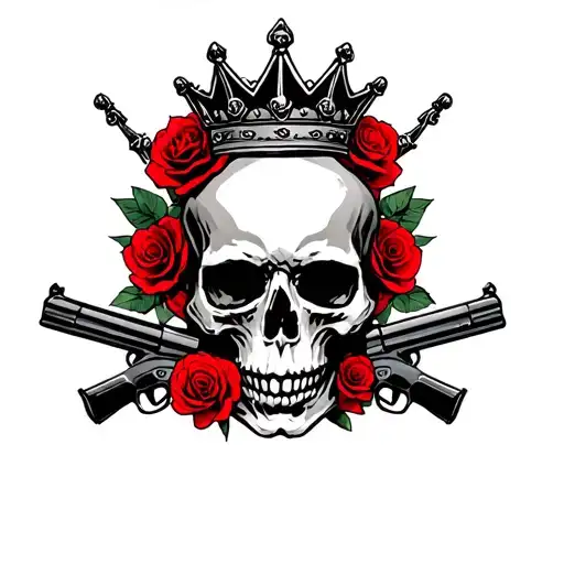 skull wearing a crown with red roses and guns tattoo design idea
