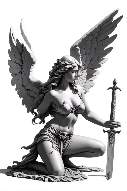 Kneeling female Angel with Sword Statue tattoo tattoo design idea