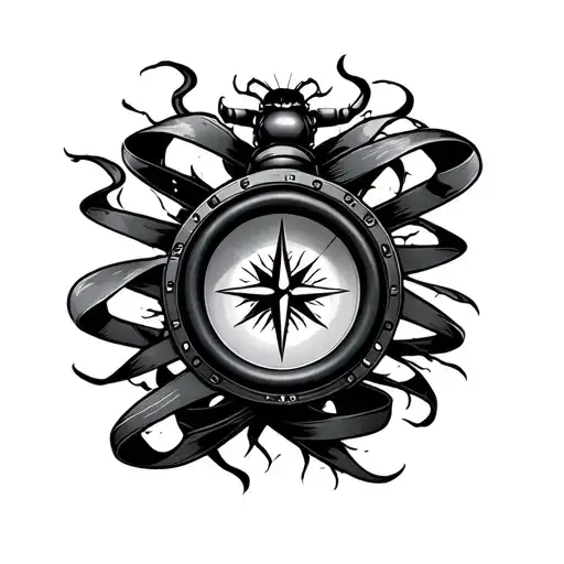 subwoofer, aurora ribbons flowing mixed with soundwaves , beatle with a compass on its body inside tattoo design idea