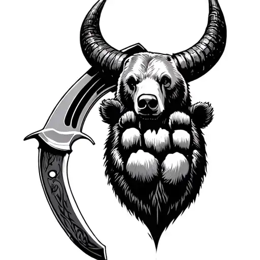 Bowie knife bull horns in the center and a bear paw tattoo design idea