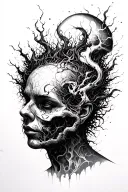 chaotic imaginary world that comes out of a human head tattoo design idea